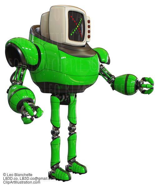 Automaton Containing Old Computer Monitor And Colored X Display And Red Buttons And Heavy Upper Chest And Ultralight Foot Exosuit. Green. Interacting. #20572