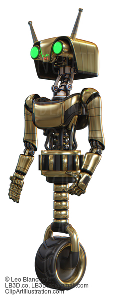 Robot Containing Dual Retro Camera Head And Cyborg Antenna Head And Light Chest Exoshielding And Ultralight Chest Exosuit And Unicycle Wheel. Gold. Facing Right View. #20577