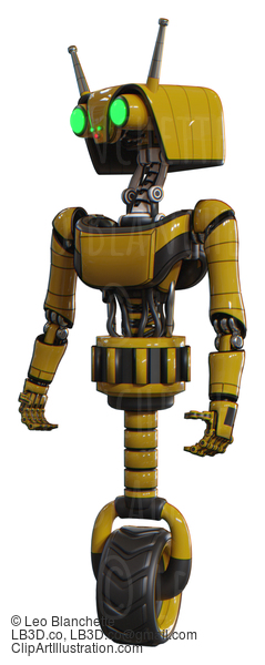 Droid Containing Dual Retro Camera Head And Cyborg Antenna Head And Light Chest Exoshielding And Ultralight Chest Exosuit And Unicycle Wheel. Yellow. Standing Looking Right Restful Pose. #20578