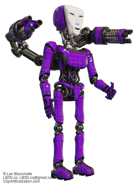 Bot Containing Humanoid Face Mask And Light Chest Exoshielding And Ultralight Chest Exosuit And Minigun Back Assembly And Ultralight Foot Exosuit. Purple. Facing Left View. #20583