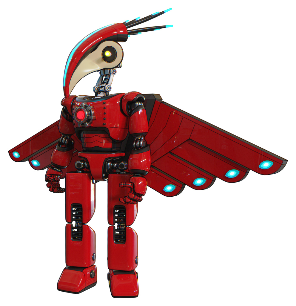 Android containing bird skull head and yellow led protruding eyes and head shield design and light chest exoshielding and red energy core and cherub wings design and prototype exoplate legs. Red.