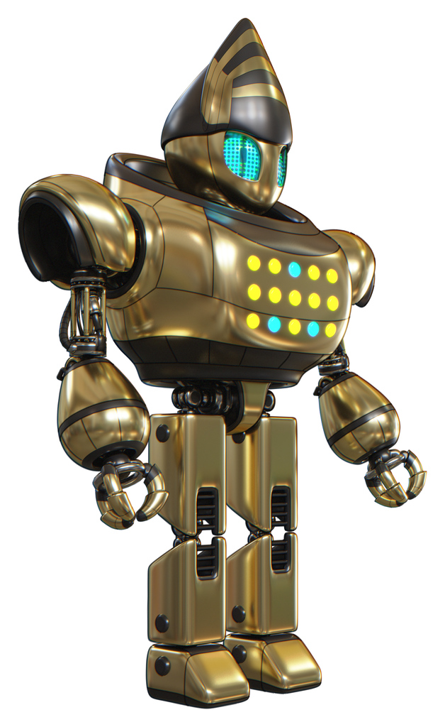 Android containing grey alien style head and blue grate eyes and heavy upper chest and colored lights array and prototype exoplate legs. Gold. Facing left view.