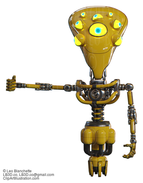 Mech Containing Flat Elongated Skull Head And Yellow Eyeball Array And Light Chest Exoshielding And No Chest Plating And Jet Propulsion. Yellow. Arm Out Holding Invisible Object.. #20595