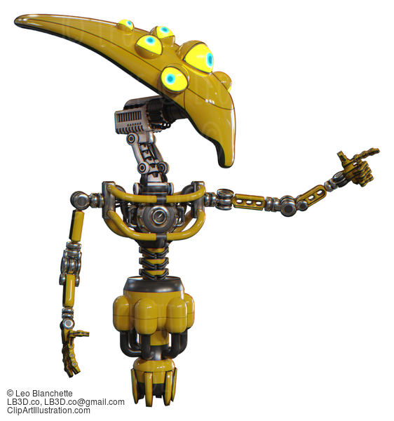 Mech Containing Flat Elongated Skull Head And Yellow Eyeball Array And Light Chest Exoshielding And No Chest Plating And Jet Propulsion. Yellow. Pointing Left Or Pushing A Button.. #20596