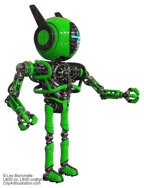 Android Containing Round Head And Vertical Cyclops Visor And Head Winglets And Heavy Upper Chest And No Chest Plating And Ultralight Foot Exosuit. Green. Interacting. #20598