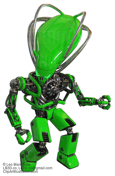 Cyborg Containing Flat Elongated Skull Head And Cables And Heavy Upper Chest And No Chest Plating And Prototype Exoplate Legs. Green. Fight Or Defense Pose.. #20604