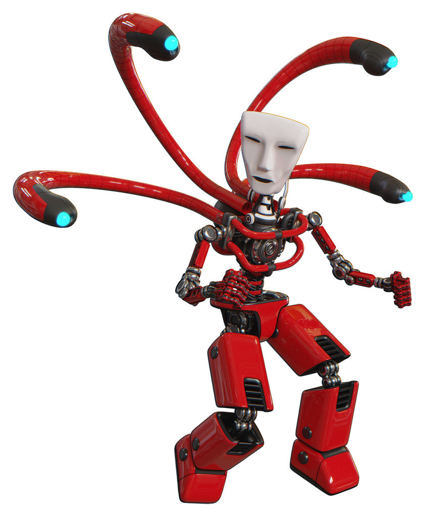 Cyborg containing humanoid face mask and light chest exoshielding and blue-eye cam cable tentacles and no chest plating and prototype exoplate legs. Red. Fight or defense pose..