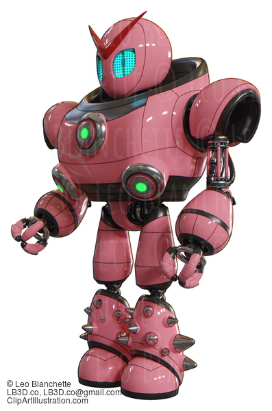 Robot Containing Grey Alien Style Head And Blue Grate Eyes And Heavy Upper Chest And Chest Green Energy Cores And Light Leg Exoshielding And Spike Foot Mod. Pink. Facing Right View. #20609