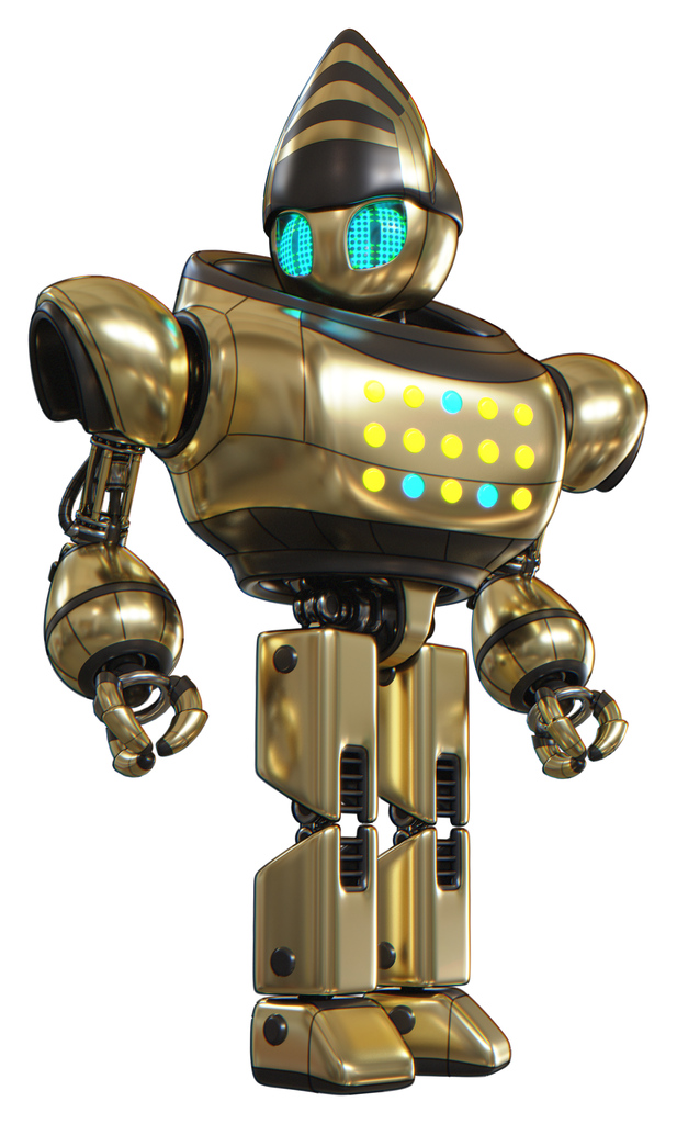 Android containing grey alien style head and blue grate eyes and heavy upper chest and colored lights array and prototype exoplate legs. Gold. Hero pose.