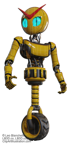 Automaton Containing Grey Alien Style Head And Blue Grate Eyes And Light Chest Exoshielding And Ultralight Chest Exosuit And Unicycle Wheel. Yellow. Hero Pose. #20631