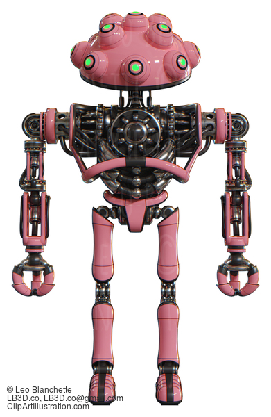 Robot Containing Techno Multi-Eyed Domehead Design And Heavy Upper Chest And No Chest Plating And Ultralight Foot Exosuit. Pink. Front View. #20637