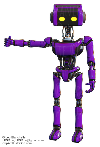 Robot Containing Dual Retro Camera Head And Retro Tech Device Head And Light Chest Exoshielding And Ultralight Chest Exosuit And Ultralight Foot Exosuit. Purple. Arm Out Holding Invisible Object.. #20638