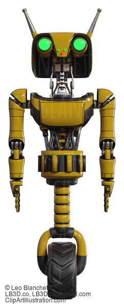 Droid Containing Dual Retro Camera Head And Cyborg Antenna Head And Light Chest Exoshielding And Ultralight Chest Exosuit And Unicycle Wheel. Yellow. Front View. #20641