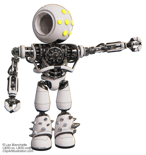 Cyborg Containing Round Head And Yellow Eyes Array And Heavy Upper Chest And No Chest Plating And Light Leg Exoshielding And Spike Foot Mod. White. Pointing Left Or Pushing A Button.. #20649