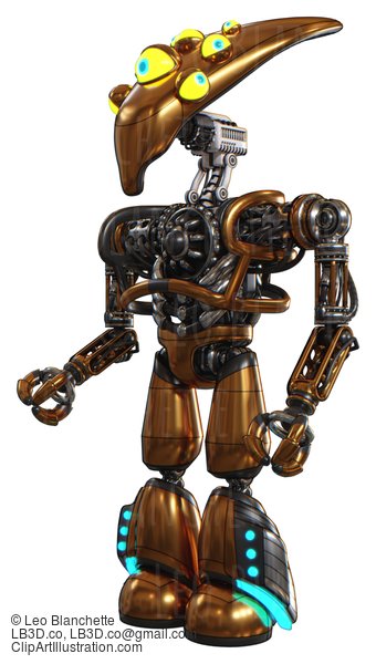 Droid Containing Flat Elongated Skull Head And Yellow Eyeball Array And Heavy Upper Chest And No Chest Plating And Light Leg Exoshielding And Megneto-Hovers Foot Mod. Copper. Facing Right View. #20652