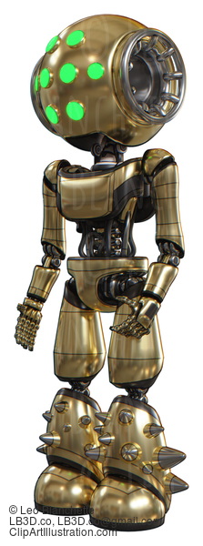 Mech Containing Round Head And Green Eyes Array And Light Chest Exoshielding And Ultralight Chest Exosuit And Light Leg Exoshielding And Spike Foot Mod. Gold. Facing Right View. #20658