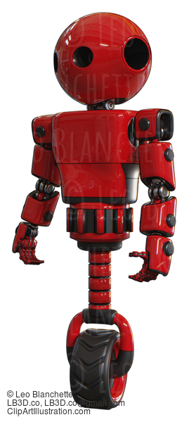 Mech Containing Oval Wide Head And Light Chest Exoshielding And Prototype Exoplate Chest And Unicycle Wheel. Red. Standing Looking Right Restful Pose. #20665