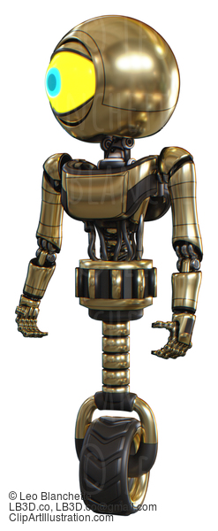 Android Containing Giant Eyeball Head Design And Light Chest Exoshielding And Ultralight Chest Exosuit And Unicycle Wheel. Gold. Standing Looking Right Restful Pose. #20681