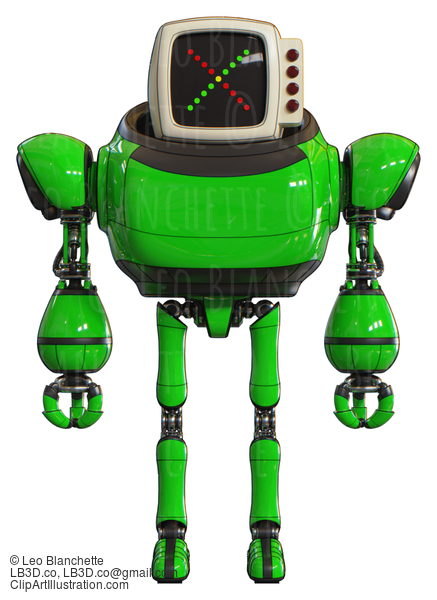 Automaton Containing Old Computer Monitor And Colored X Display And Red Buttons And Heavy Upper Chest And Ultralight Foot Exosuit. Green. Front View. #20684