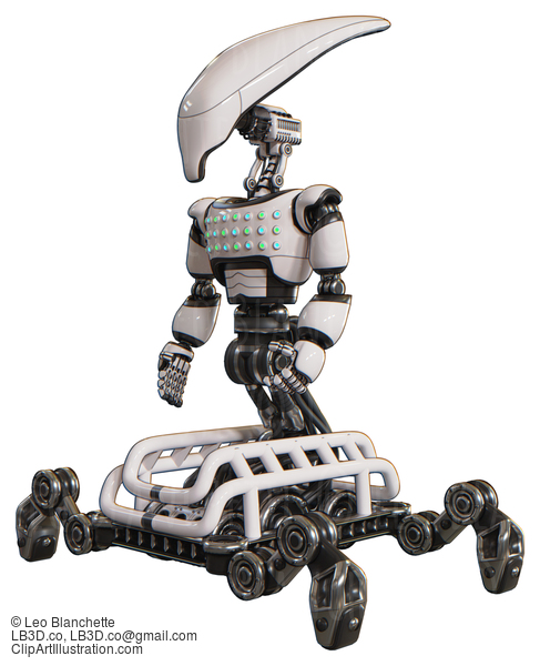 Automaton Containing Flat Elongated Skull Head And Light Chest Exoshielding And Chest Green Blue Lights Array And Insect Walker Legs. White. Facing Right View. #20688