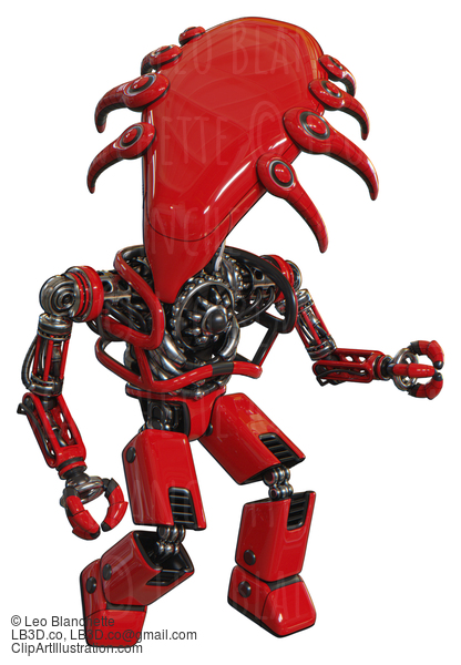 Cyborg Containing Flat Elongated Skull Head And Heavy Upper Chest And No Chest Plating And Prototype Exoplate Legs. Red. Fight Or Defense Pose.. #20689