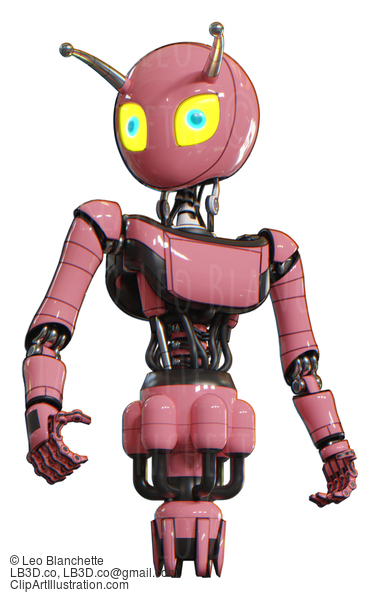 Bot Containing Grey Alien Style Head And Yellow Eyes With Blue Pupils And Bug Antennas And Light Chest Exoshielding And Ultralight Chest Exosuit And Jet Propulsion. Pink. Hero Pose. #20694