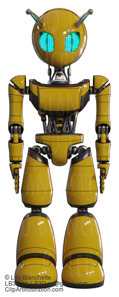 Automaton Containing Grey Alien Style Head And Blue Grate Eyes And Bug Antennas And Light Chest Exoshielding And Ultralight Chest Exosuit And Light Leg Exoshielding. Yellow. Front View. #20700