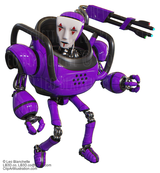 Robot Containing Humanoid Face Mask And Red Clown Marks And Heavy Upper Chest And Ultralight Foot Exosuit. Purple. Fight Or Defense Pose.. #20709