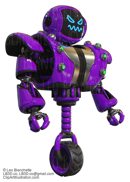 Automaton Containing Digital Display Head And Angry Face And Heavy Upper Chest And Heavy Mech Chest And Green Cable Sockets Array And Unicycle Wheel. Purple. Facing Left View. #20715