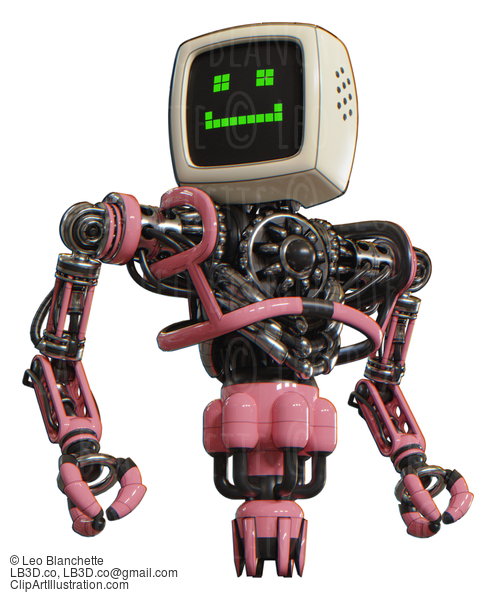 Android Containing Old Computer Monitor And Happy Pixel Face And Heavy Upper Chest And No Chest Plating And Jet Propulsion. Pink. Hero Pose. #20716