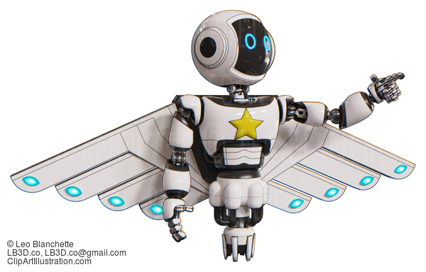 Automaton Containing Digital Display Head And Circle Eyes And Light Chest Exoshielding And Yellow Star And Cherub Wings Design And Jet Propulsion. White. Pointing Left Or Pushing A Button.. #20723