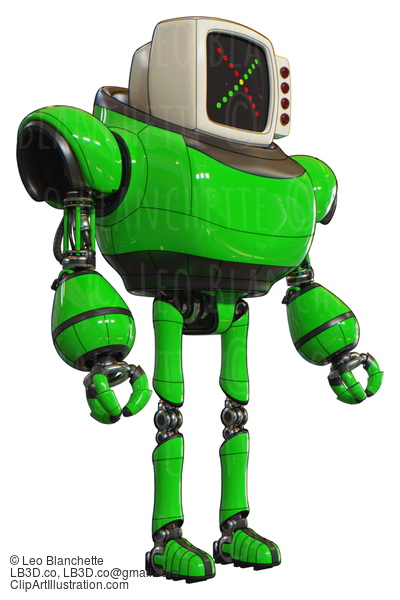 Automaton Containing Old Computer Monitor And Colored X Display And Red Buttons And Heavy Upper Chest And Ultralight Foot Exosuit. Green. Facing Left View. #20724