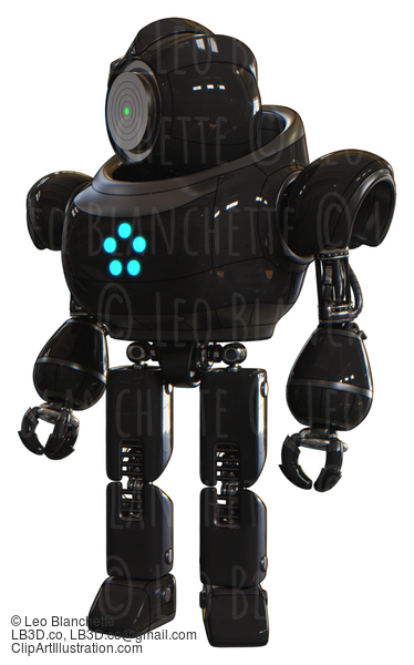 Bot Containing Green Dot Eye Corn Row Plastic Hair And Heavy Upper Chest And Circle Of Blue Leds And Prototype Exoplate Legs. Black. Standing Looking Right Restful Pose. #20726