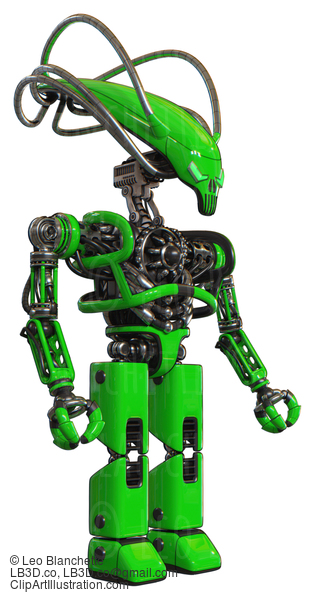 Cyborg Containing Flat Elongated Skull Head And Cables And Heavy Upper Chest And No Chest Plating And Prototype Exoplate Legs. Green. Facing Left View. #20730