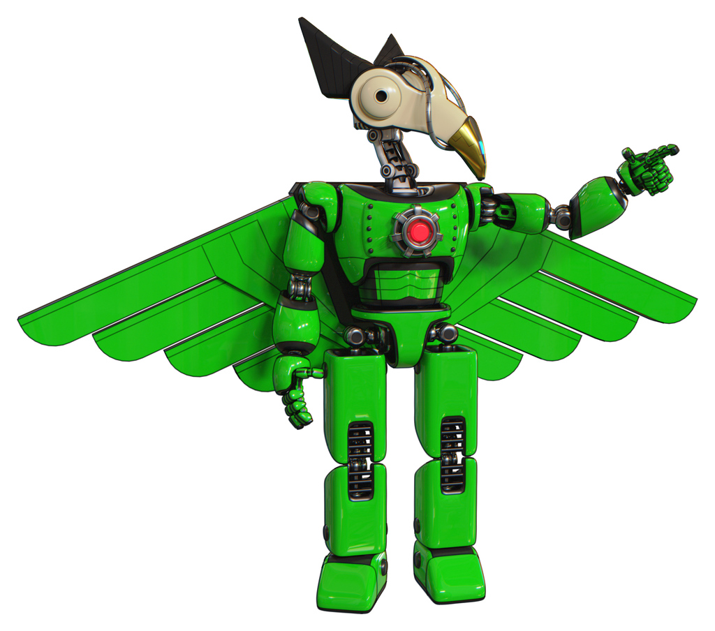 Mech containing bird skull head and bone skull eye holes and robobeak design and light chest exoshielding and red energy core and pilot's wings assembly and prototype exoplate legs. Green.