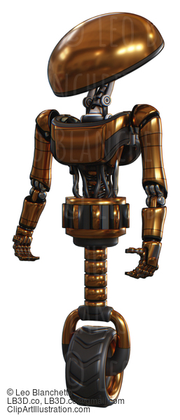 Robot Containing Dome Head And Light Chest Exoshielding And Ultralight Chest Exosuit And Unicycle Wheel. Copper. Standing Looking Right Restful Pose. #20738