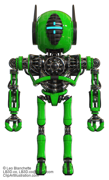 Android Containing Round Head And Vertical Cyclops Visor And Head Winglets And Heavy Upper Chest And No Chest Plating And Ultralight Foot Exosuit. Green. Front View. #20743