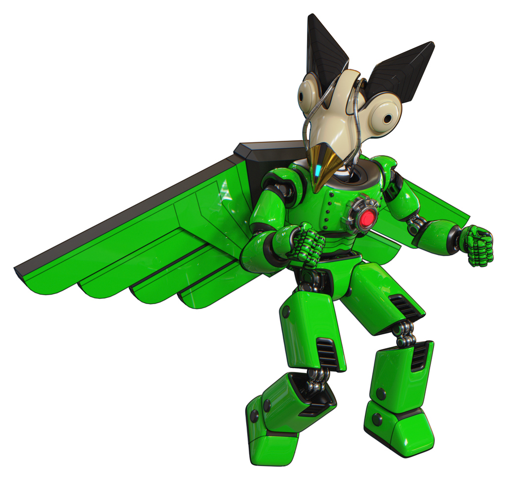 Mech containing bird skull head and bone skull eye holes and robobeak design and light chest exoshielding and red energy core and pilot's wings assembly and prototype exoplate legs. Green.