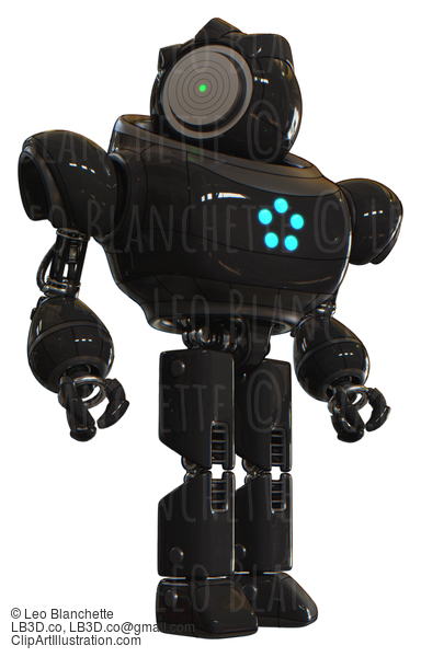 Bot Containing Green Dot Eye Corn Row Plastic Hair And Heavy Upper Chest And Circle Of Blue Leds And Prototype Exoplate Legs. Black. Hero Pose. #20748