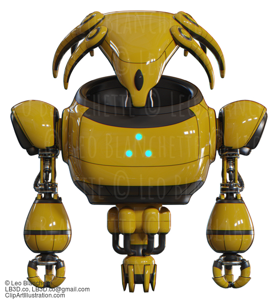 Mech Containing Flat Elongated Skull Head And Heavy Upper Chest And Triangle Of Blue Leds And Jet Propulsion. Yellow. Front View. #20750