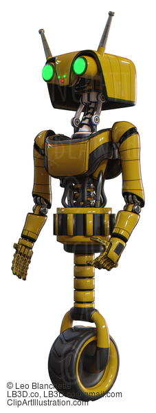 Droid Containing Dual Retro Camera Head And Cyborg Antenna Head And Light Chest Exoshielding And Ultralight Chest Exosuit And Unicycle Wheel. Yellow. Facing Right View. #20751