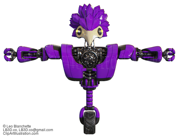 Robot Containing Bird Skull Head And Yellow Led Protruding Eyes And Bird Feather Design And Heavy Upper Chest And Heavy Mech Chest And Unicycle Wheel. Purple. T-Pose. #20753