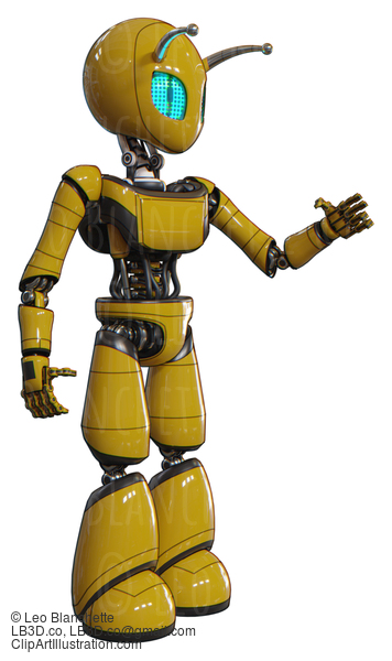 Automaton Containing Grey Alien Style Head And Blue Grate Eyes And Bug Antennas And Light Chest Exoshielding And Ultralight Chest Exosuit And Light Leg Exoshielding. Yellow. Interacting. #20756