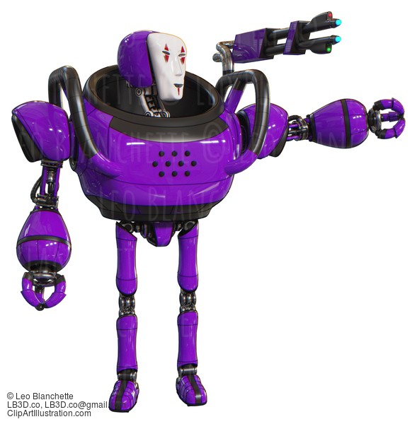 Robot Containing Humanoid Face Mask And Red Clown Marks And Heavy Upper Chest And Ultralight Foot Exosuit. Purple. Pointing Left Or Pushing A Button.. #20759