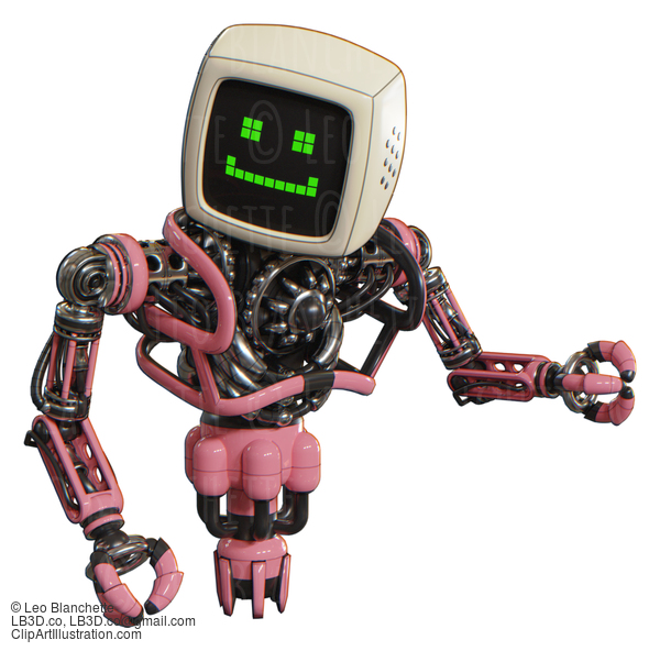 Android Containing Old Computer Monitor And Happy Pixel Face And Heavy Upper Chest And No Chest Plating And Jet Propulsion. Pink. Fight Or Defense Pose.. #20763