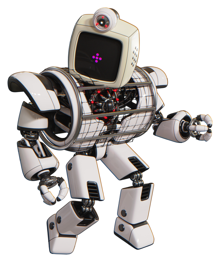 Droid containing old computer monitor and magenta symbol display and retro-futuristic webcam and heavy upper chest and heavy mech chest and barbed wire chest armor cage and prototype exoplate legs.