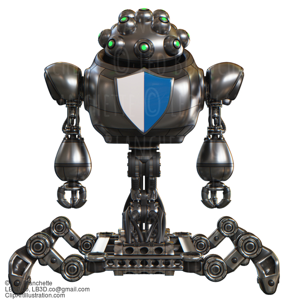 Bot Containing Techno Multi-Eyed Domehead Design And Heavy Upper Chest And Blue Shield Defense Design And Insect Walker Legs. Metal. Front View. #20801