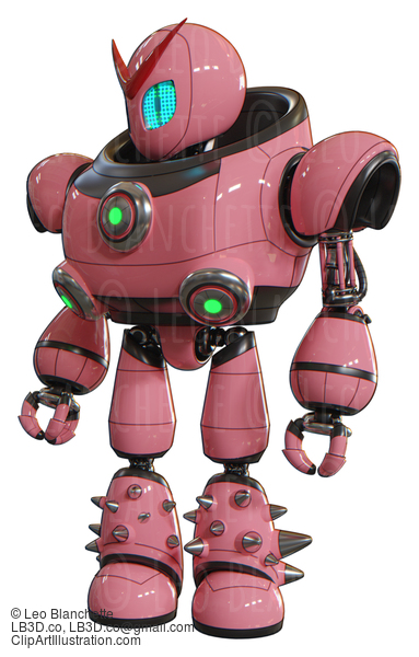 Robot Containing Grey Alien Style Head And Blue Grate Eyes And Heavy Upper Chest And Chest Green Energy Cores And Light Leg Exoshielding And Spike Foot Mod. Pink. Standing Looking Right Restful Pose. #20803