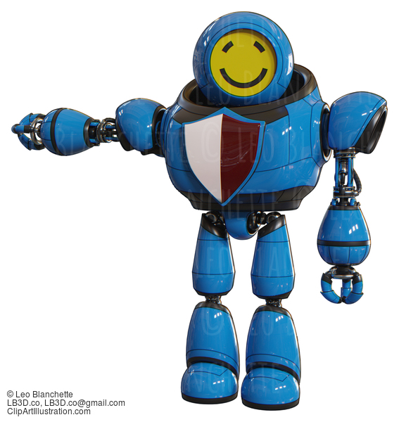 Android Containing Round Head Yellow Happy Face And Heavy Upper Chest And Red Shield Defense Design And Light Leg Exoshielding. Blue. Arm Out Holding Invisible Object.. #20809