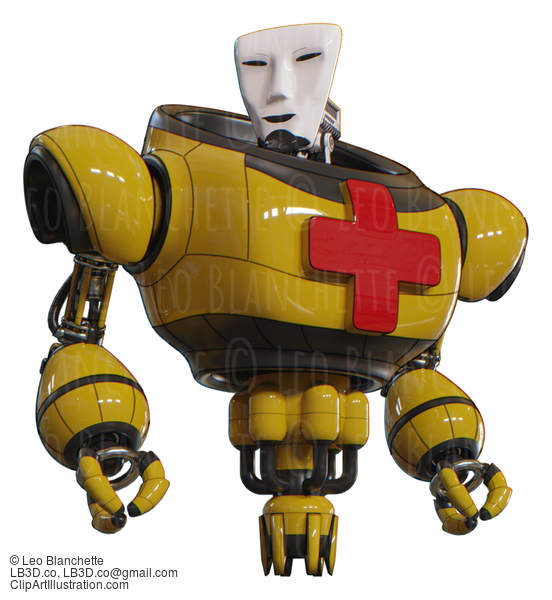 Android Containing Humanoid Face Mask And Heavy Upper Chest And First Aid Chest Symbol And Jet Propulsion. Yellow. Hero Pose. #20811